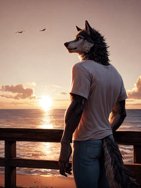 56534-2984216947-A Long Shot,Profile Shot, A dashing male wolf furry in a casual t-shirt and jeans leans against the railing of a boardwalk overl.png
